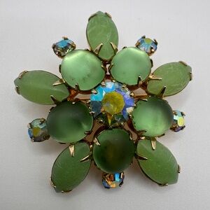 Vintage Signed Coro Green Moonglow Rhinestone Floral Brooch | Gold Tone